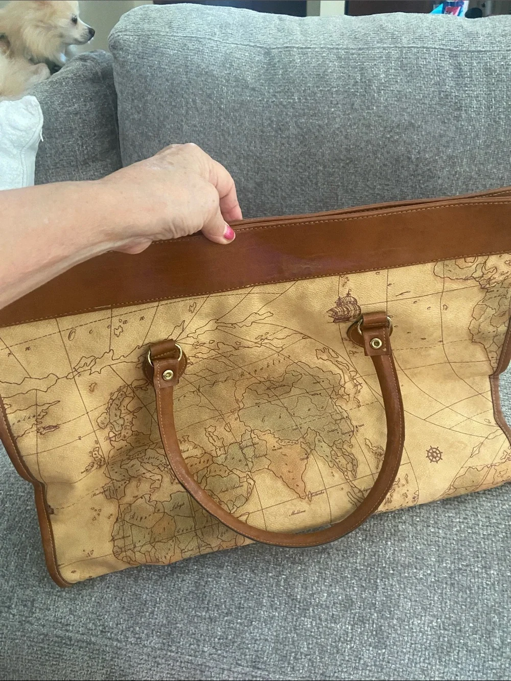 Columbus Collection Map-Print Tote Bag with Brown Leather Trim